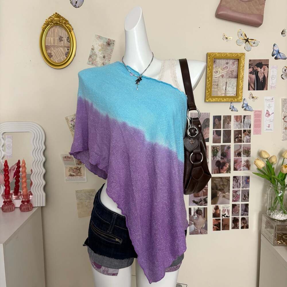 Buffalo David Bitton Blue and Purple Gradient Knit Asymmetrical Poncho One Size